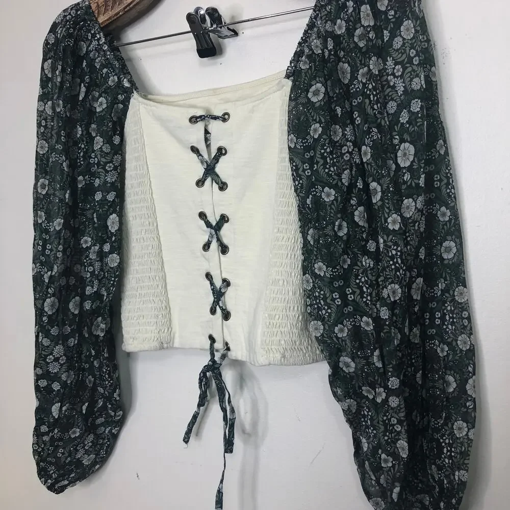 Anthropologie Top Cottagecore Smocked Coreset Lace Up Puff Sheer Floral Sleeves